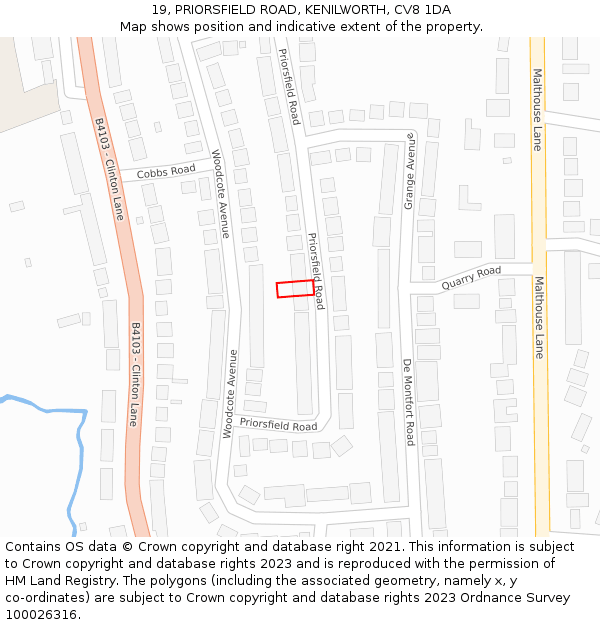 19, PRIORSFIELD ROAD, KENILWORTH, CV8 1DA: Location map and indicative extent of plot