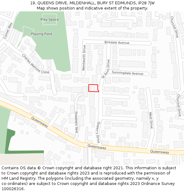 19, QUEENS DRIVE, MILDENHALL, BURY ST EDMUNDS, IP28 7JW: Location map and indicative extent of plot