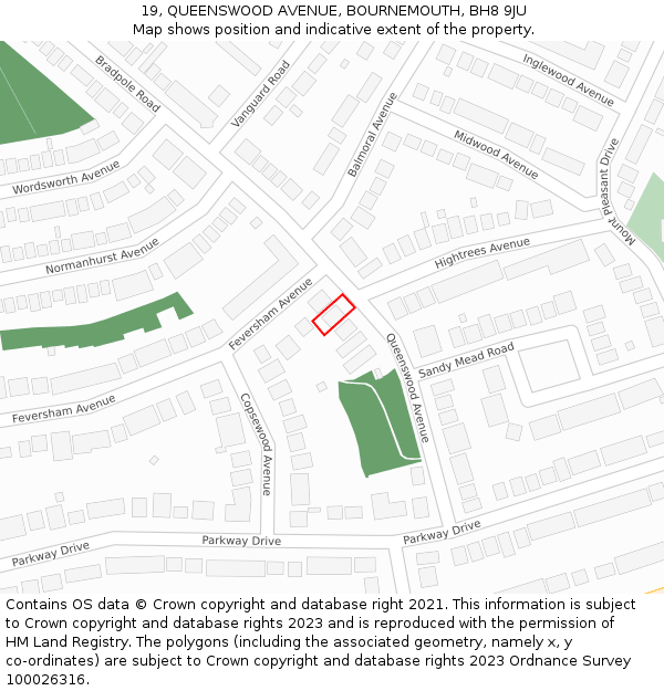 19, QUEENSWOOD AVENUE, BOURNEMOUTH, BH8 9JU: Location map and indicative extent of plot
