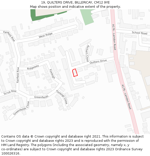 19, QUILTERS DRIVE, BILLERICAY, CM12 9YE: Location map and indicative extent of plot