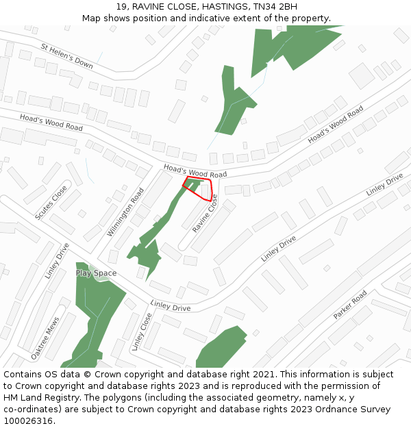 19, RAVINE CLOSE, HASTINGS, TN34 2BH: Location map and indicative extent of plot