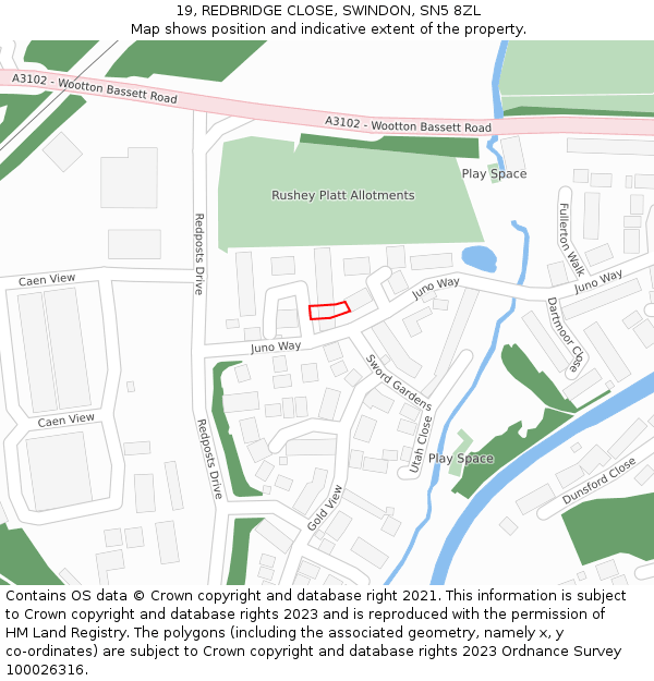 19, REDBRIDGE CLOSE, SWINDON, SN5 8ZL: Location map and indicative extent of plot