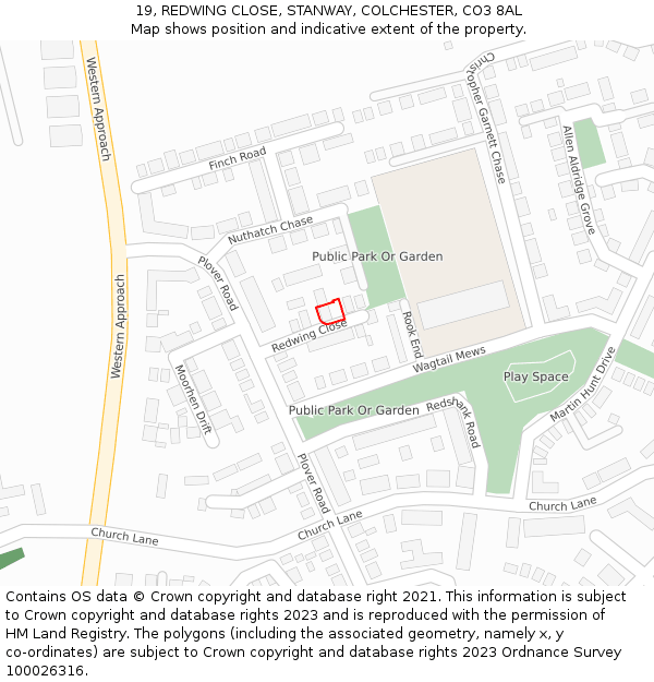 19, REDWING CLOSE, STANWAY, COLCHESTER, CO3 8AL: Location map and indicative extent of plot
