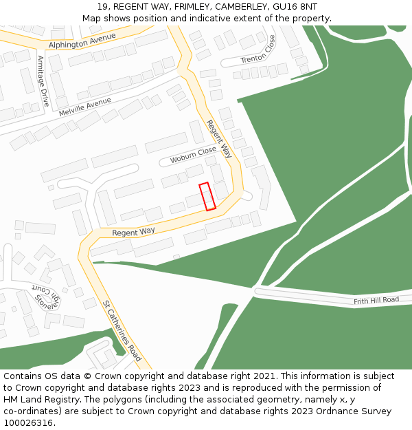 19, REGENT WAY, FRIMLEY, CAMBERLEY, GU16 8NT: Location map and indicative extent of plot