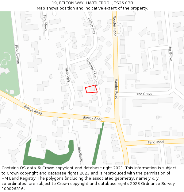 19, RELTON WAY, HARTLEPOOL, TS26 0BB: Location map and indicative extent of plot