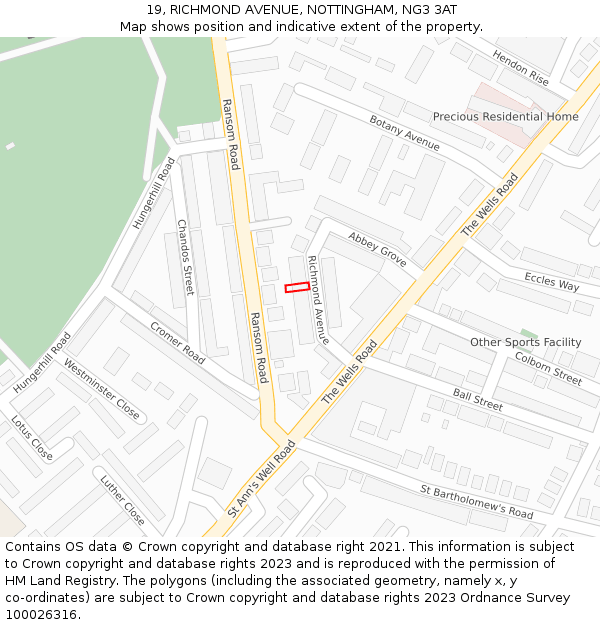 19, RICHMOND AVENUE, NOTTINGHAM, NG3 3AT: Location map and indicative extent of plot