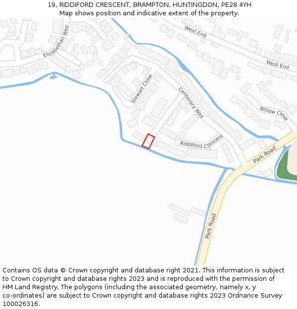 19, RIDDIFORD CRESCENT, BRAMPTON, HUNTINGDON, PE28 4YH: Location map and indicative extent of plot