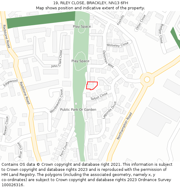 19, RILEY CLOSE, BRACKLEY, NN13 6FH: Location map and indicative extent of plot
