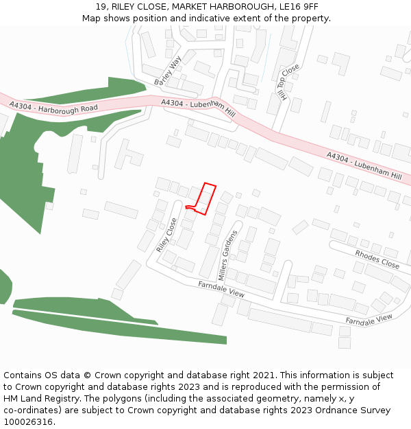 19, RILEY CLOSE, MARKET HARBOROUGH, LE16 9FF: Location map and indicative extent of plot
