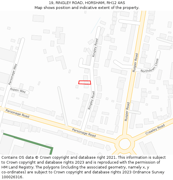 19, RINGLEY ROAD, HORSHAM, RH12 4AS: Location map and indicative extent of plot