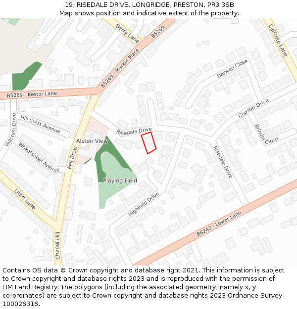 19, RISEDALE DRIVE, LONGRIDGE, PRESTON, PR3 3SB: Location map and indicative extent of plot