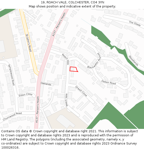 19, ROACH VALE, COLCHESTER, CO4 3YN: Location map and indicative extent of plot