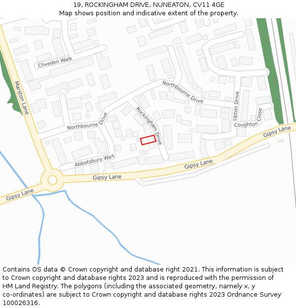 19, ROCKINGHAM DRIVE, NUNEATON, CV11 4GE: Location map and indicative extent of plot