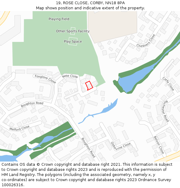 19, ROSE CLOSE, CORBY, NN18 8PA: Location map and indicative extent of plot