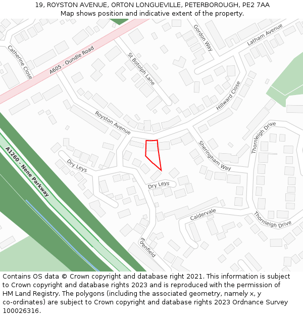 19, ROYSTON AVENUE, ORTON LONGUEVILLE, PETERBOROUGH, PE2 7AA: Location map and indicative extent of plot