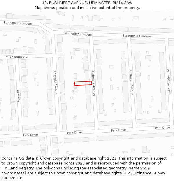 19, RUSHMERE AVENUE, UPMINSTER, RM14 3AW: Location map and indicative extent of plot