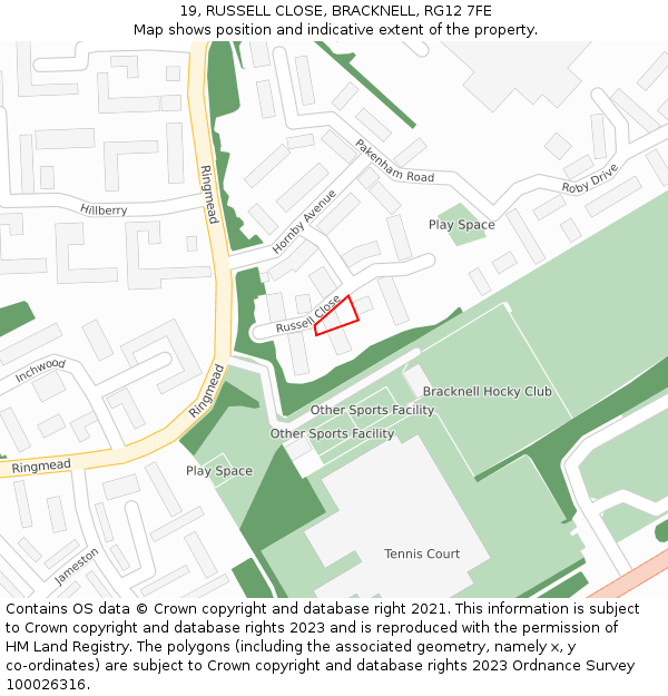 19, RUSSELL CLOSE, BRACKNELL, RG12 7FE: Location map and indicative extent of plot