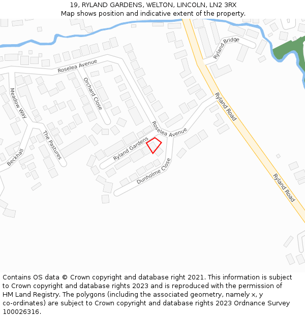 19, RYLAND GARDENS, WELTON, LINCOLN, LN2 3RX: Location map and indicative extent of plot
