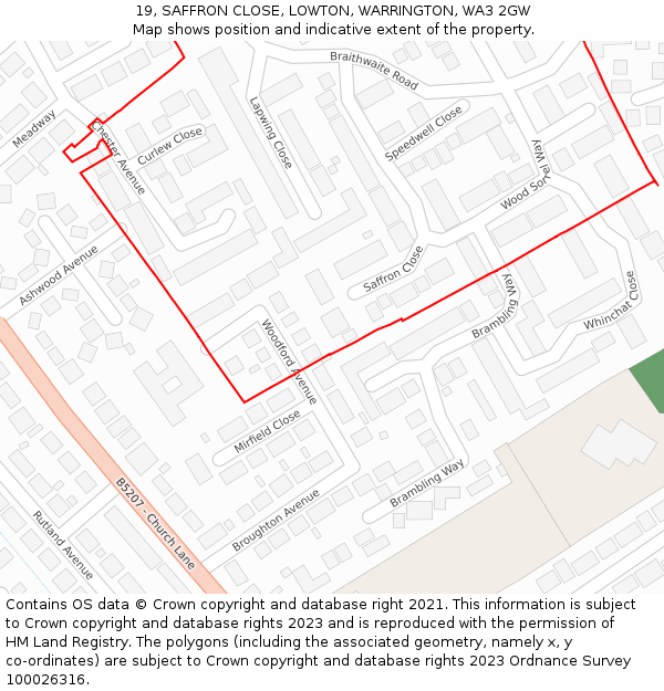 19, SAFFRON CLOSE, LOWTON, WARRINGTON, WA3 2GW: Location map and indicative extent of plot