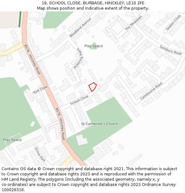 19, SCHOOL CLOSE, BURBAGE, HINCKLEY, LE10 2FE: Location map and indicative extent of plot