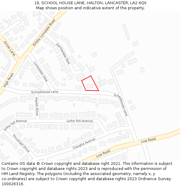 19, SCHOOL HOUSE LANE, HALTON, LANCASTER, LA2 6QX: Location map and indicative extent of plot