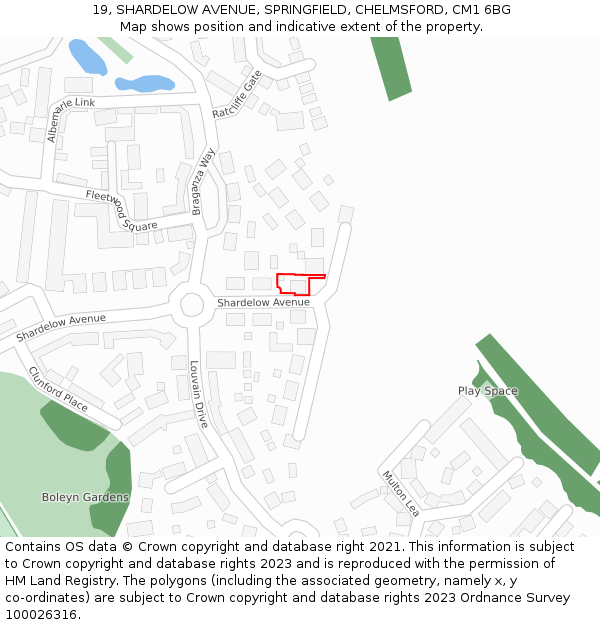 19, SHARDELOW AVENUE, SPRINGFIELD, CHELMSFORD, CM1 6BG: Location map and indicative extent of plot