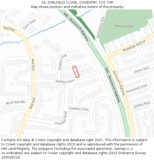 19, SHELFIELD CLOSE, COVENTRY, CV5 7HR: Location map and indicative extent of plot