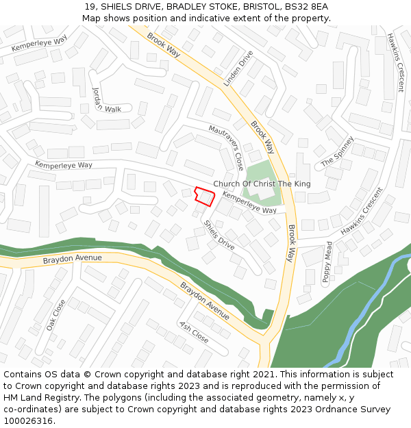19, SHIELS DRIVE, BRADLEY STOKE, BRISTOL, BS32 8EA: Location map and indicative extent of plot