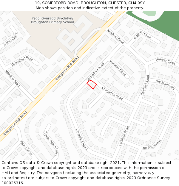 19, SOMERFORD ROAD, BROUGHTON, CHESTER, CH4 0SY: Location map and indicative extent of plot