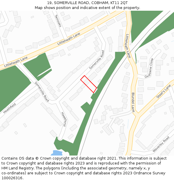 19, SOMERVILLE ROAD, COBHAM, KT11 2QT: Location map and indicative extent of plot