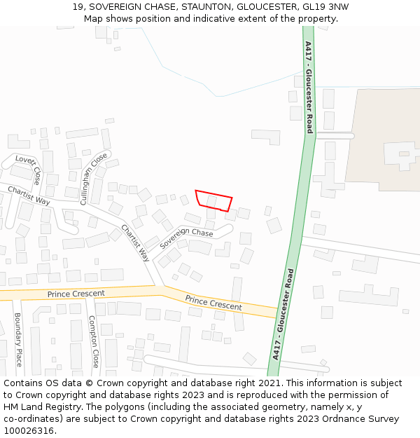 19, SOVEREIGN CHASE, STAUNTON, GLOUCESTER, GL19 3NW: Location map and indicative extent of plot