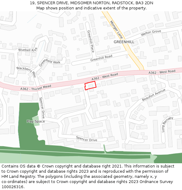 19, SPENCER DRIVE, MIDSOMER NORTON, RADSTOCK, BA3 2DN: Location map and indicative extent of plot