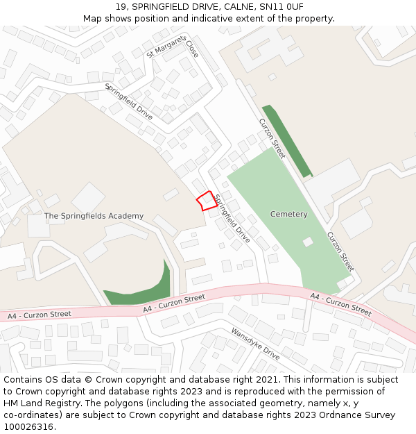 19, SPRINGFIELD DRIVE, CALNE, SN11 0UF: Location map and indicative extent of plot