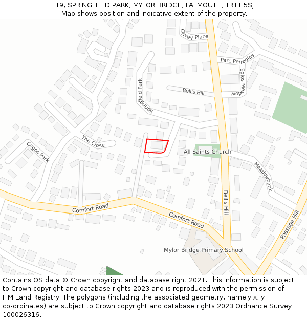 19, SPRINGFIELD PARK, MYLOR BRIDGE, FALMOUTH, TR11 5SJ: Location map and indicative extent of plot