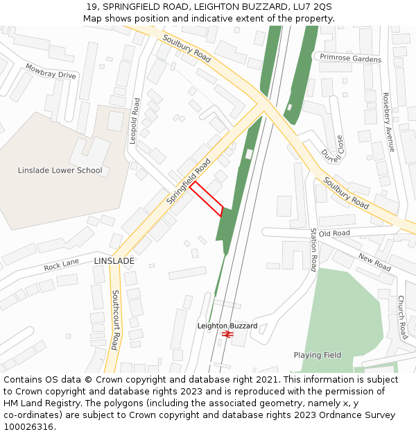 19, SPRINGFIELD ROAD, LEIGHTON BUZZARD, LU7 2QS: Location map and indicative extent of plot