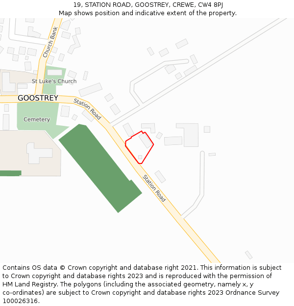 19, STATION ROAD, GOOSTREY, CREWE, CW4 8PJ: Location map and indicative extent of plot