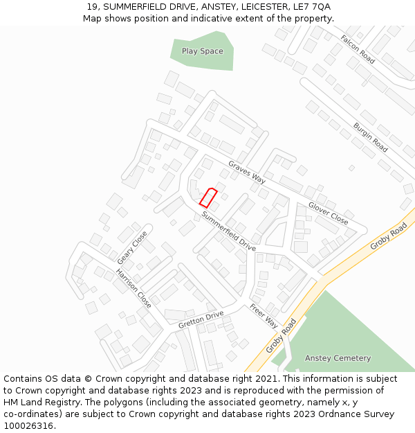 19, SUMMERFIELD DRIVE, ANSTEY, LEICESTER, LE7 7QA: Location map and indicative extent of plot