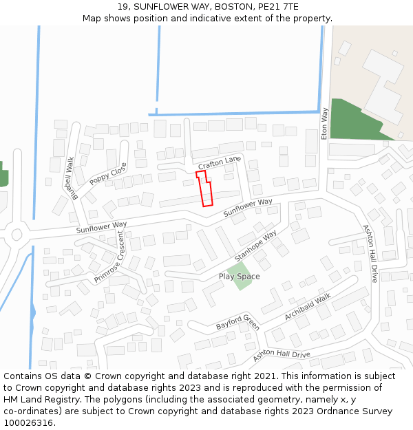 19, SUNFLOWER WAY, BOSTON, PE21 7TE: Location map and indicative extent of plot