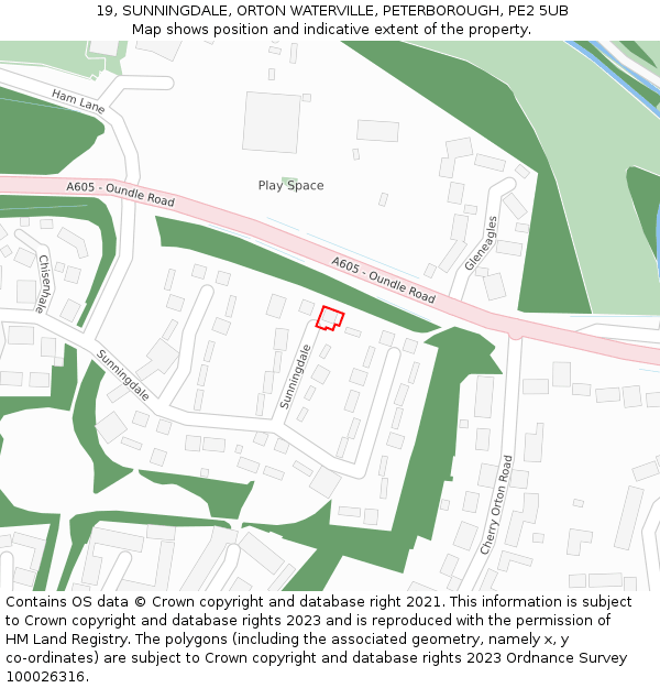19, SUNNINGDALE, ORTON WATERVILLE, PETERBOROUGH, PE2 5UB: Location map and indicative extent of plot