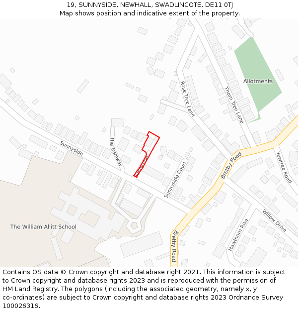 19, SUNNYSIDE, NEWHALL, SWADLINCOTE, DE11 0TJ: Location map and indicative extent of plot