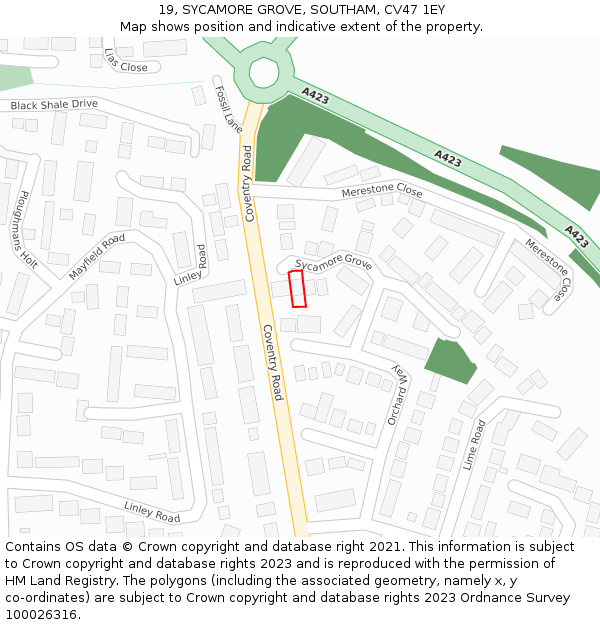 19, SYCAMORE GROVE, SOUTHAM, CV47 1EY: Location map and indicative extent of plot