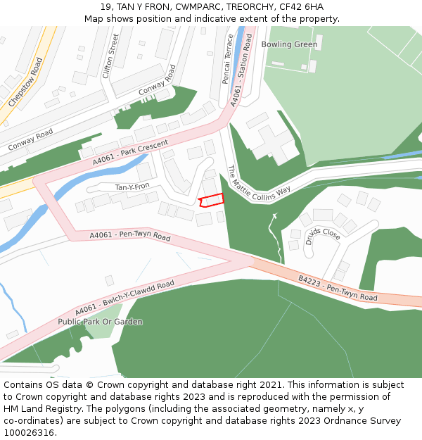 19, TAN Y FRON, CWMPARC, TREORCHY, CF42 6HA: Location map and indicative extent of plot