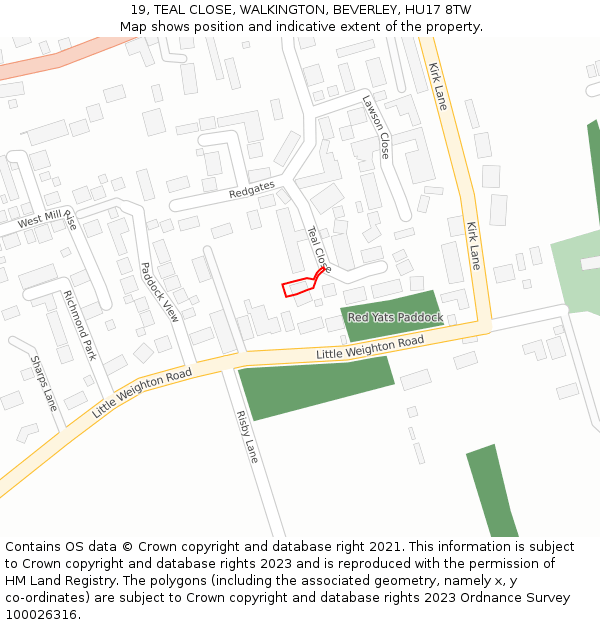 19, TEAL CLOSE, WALKINGTON, BEVERLEY, HU17 8TW: Location map and indicative extent of plot