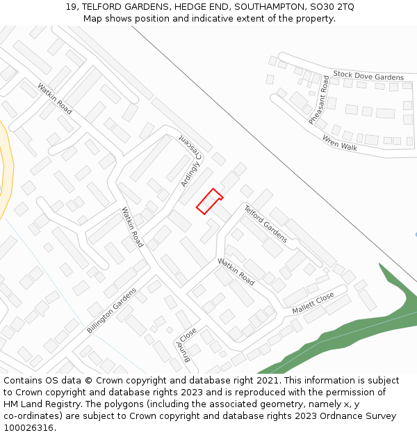 19, TELFORD GARDENS, HEDGE END, SOUTHAMPTON, SO30 2TQ: Location map and indicative extent of plot