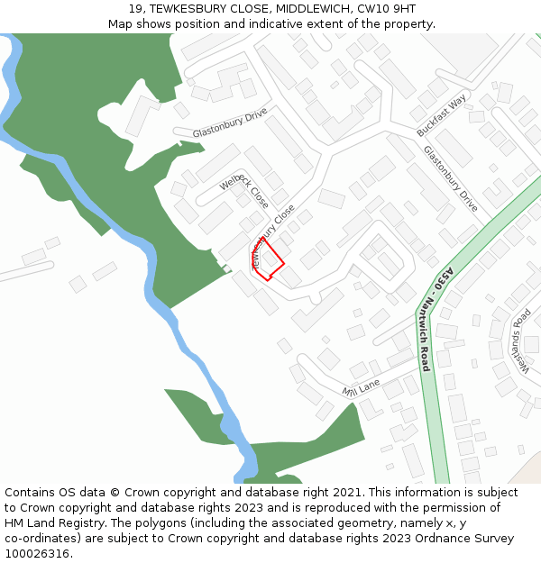 19, TEWKESBURY CLOSE, MIDDLEWICH, CW10 9HT: Location map and indicative extent of plot