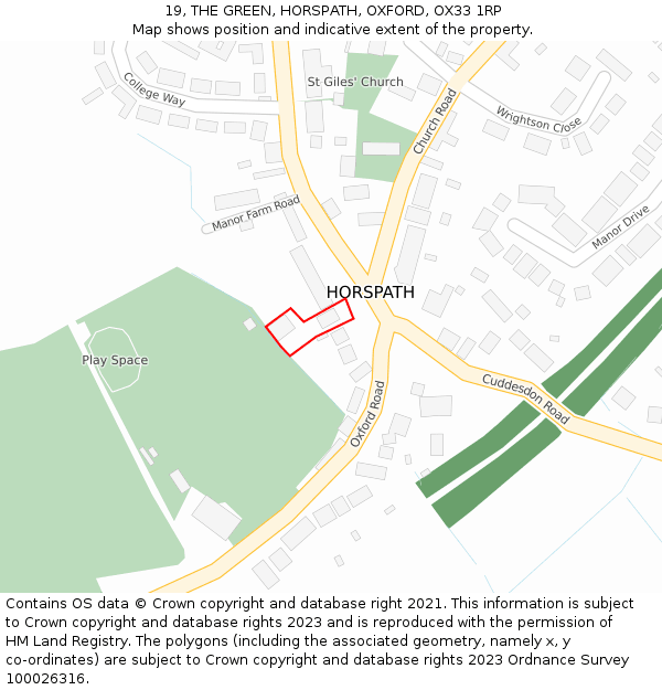 19, THE GREEN, HORSPATH, OXFORD, OX33 1RP: Location map and indicative extent of plot