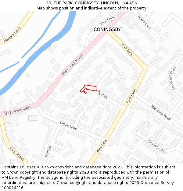19, THE PARK, CONINGSBY, LINCOLN, LN4 4SN: Location map and indicative extent of plot