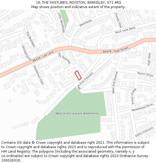 19, THE PASTURES, ROYSTON, BARNSLEY, S71 4RQ: Location map and indicative extent of plot