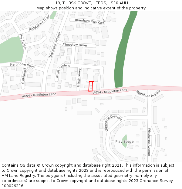 19, THIRSK GROVE, LEEDS, LS10 4UH: Location map and indicative extent of plot