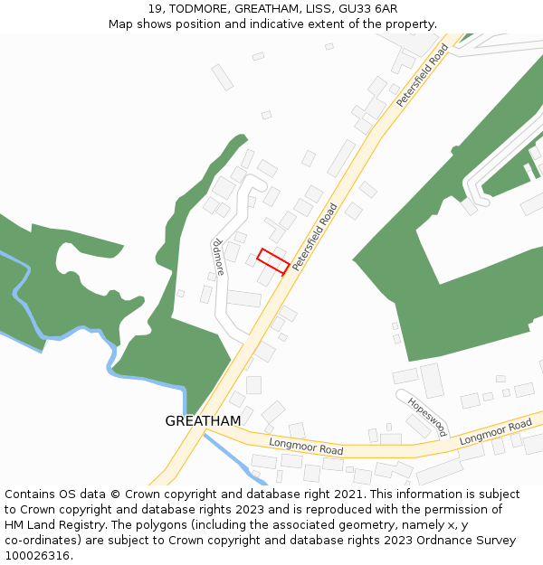 19, TODMORE, GREATHAM, LISS, GU33 6AR: Location map and indicative extent of plot